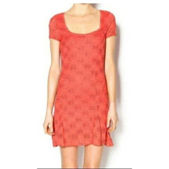 Free People Womens Daisy Godet Lace Mini Dress Red Coral Floral Boho | S | EUC - Picture 3 of 12